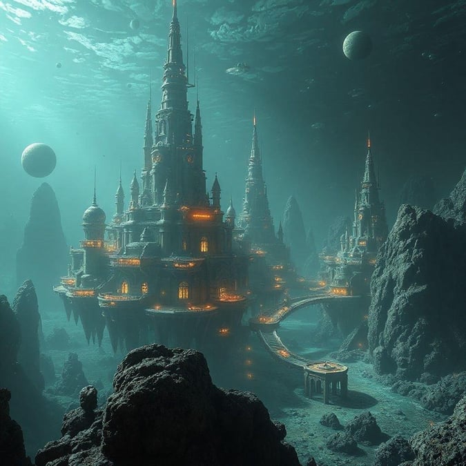 Immerse yourself in the enchanting world of this underwater castle, where ancient ruins meet futuristic technology.