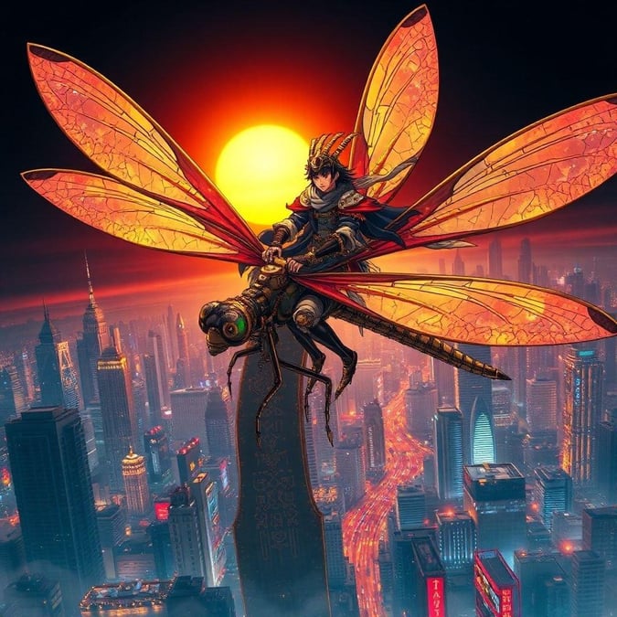 This anime wallpaper features a majestic samurai riding a dragonfly over a bustling cityscape, with warm hues and a dark background, creating a dynamic and captivating scene.