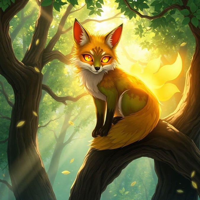 Immerse yourself in the mystical world of anime with this captivating fox spirit illustration. Perched on a tree branch, the fox's radiant glow and piercing orange eyes create an enchanting atmosphere, perfect for desktop and mobile wallpapers.