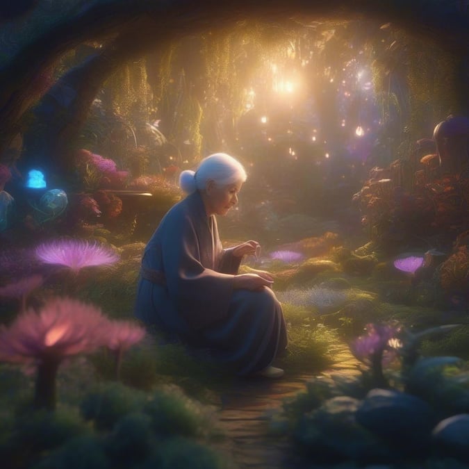 A peaceful and serene digital artwork featuring an elderly woman sitting in a forest surrounded by flowers and mushrooms.