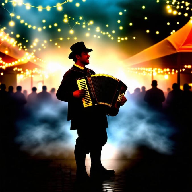 A man plays the accordion at an Oktoberfest celebration, surrounded by a crowd of people enjoying the music and festivities.