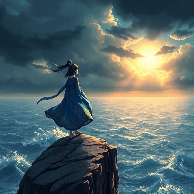 A serene anime scene of a woman standing at the edge of a great precipice overlooking an endless ocean, with a vibrant blue dress and a dark, cloudy sky.