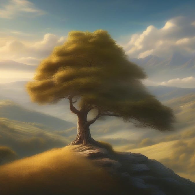 This wallpaper features a serene and inspiring scene of a tree growing in the mountains. The image showcases the beauty of nature and the importance of finding peace and tranquility in our daily lives.