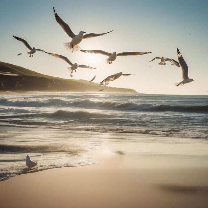 A flock of seagulls flying over the ocean on a clear day, capturing the beauty of nature. The sun is setting in the background, casting long shadows and highlighting the silhouettes of the birds.