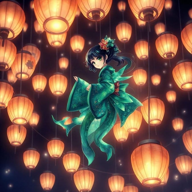 Immerse yourself in a surreal world where a mystical geisha floats amidst a cloud of glowing lanterns, creating an otherworldly atmosphere.