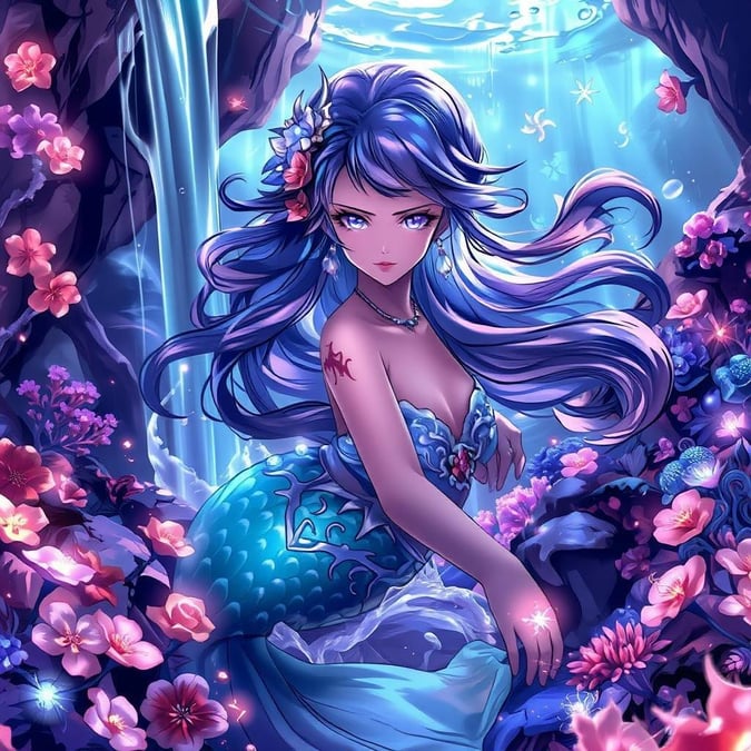 A stunning anime illustration of a charming mermaid princess swimming through an underwater world, with her hair as a cascading waterfall and vibrant corals creating a serene, enchanting scene.