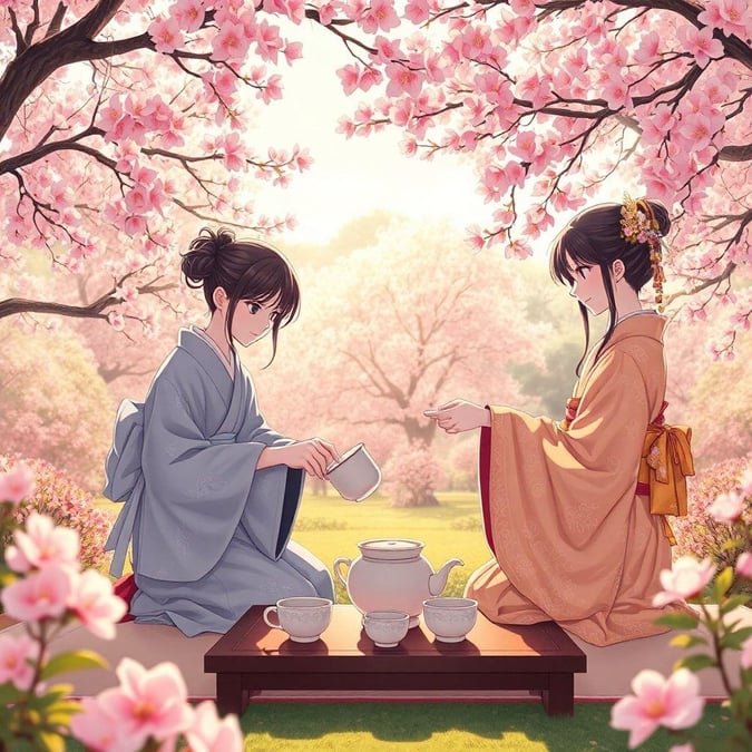 Immerse yourself in the serene beauty of an anime-style tea ceremony, set amidst a stunning garden of cherry blossoms. The warm, inviting atmosphere is enhanced by soft, autumnal colors and intricate details.