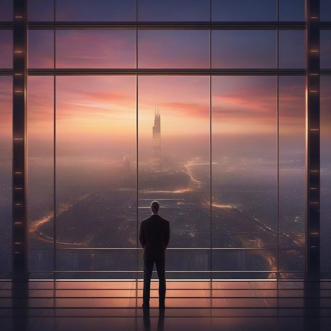 Man admiring view from high-rise office, overlooking city skyline at sunset.