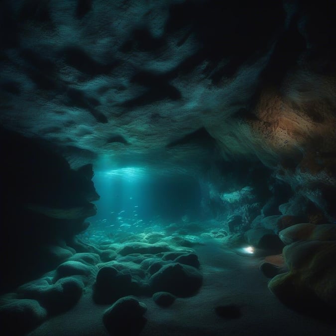 The majestic beauty of an ocean cave, illuminated by the sunlight peaking through above. This serene underwater scene invites you to explore its depths and discover the marine life it shelters.