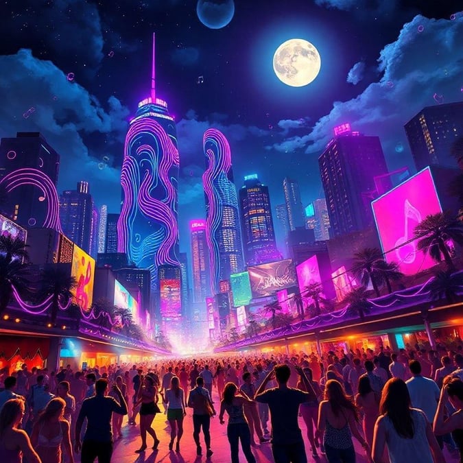 Dazzling night scene at an urban music festival, with bright neon lights illuminating a bustling crowd amidst towering skyscrapers and digital billboards.