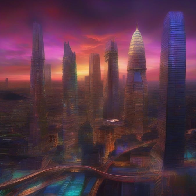 This stunning wallpaper features a futuristic cityscape at sunset, with towering skyscrapers and a vibrant sky. The image is perfect for desktop and mobile use, and is sure to add a touch of modernity to any device.