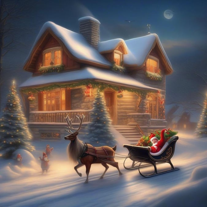 A magical Christmas night in the snow-covered village, with Santa riding on his sleigh, reindeer pulling a sled laden with gifts.