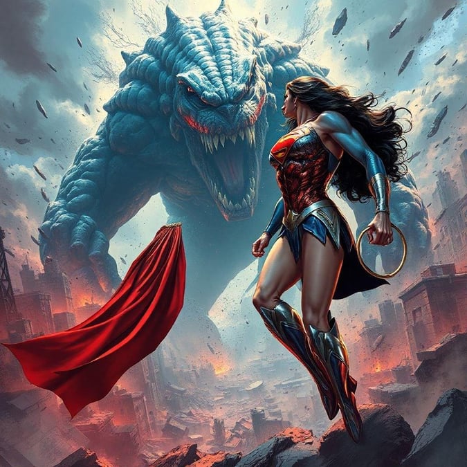 Witness a thrilling clash between Wonder Woman and the monstrous Godzilla in this epic wallpaper for fans of comic legends.