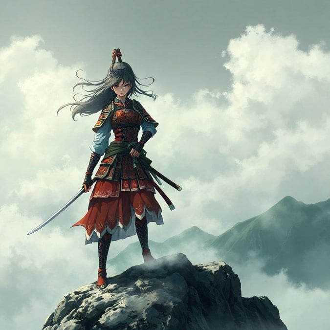 A detailed anime illustration of a samurai warrior standing on top of a mountain, shrouded in mystery and holding a sword.