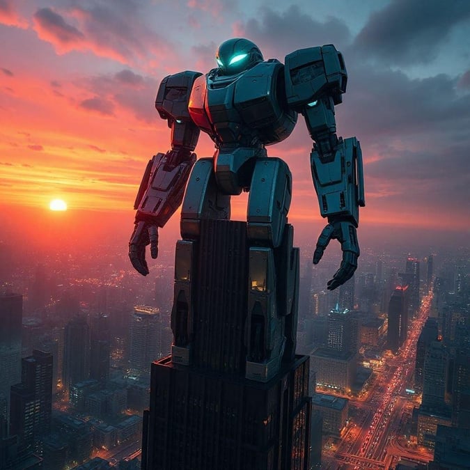 Au cœur d'une ville animée, un robot se dresse, son viseur rouge brillant contre le ciel orange. Le soleil se couche derrière lui, projetant de longues ombres et peignant le paysage urbain de teintes chaudes.