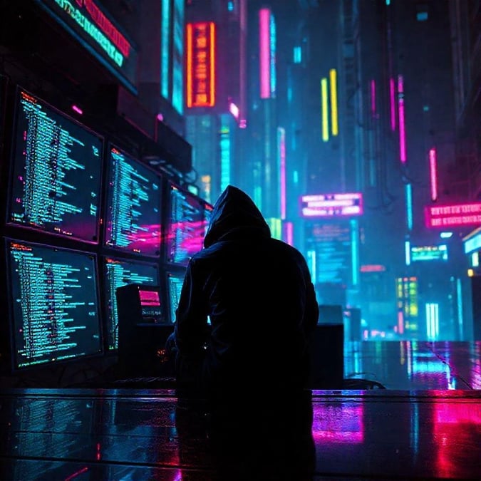 A solitary figure navigates the neon-lit cyberpunk streets, their gaze absorbed in a digital ocean.