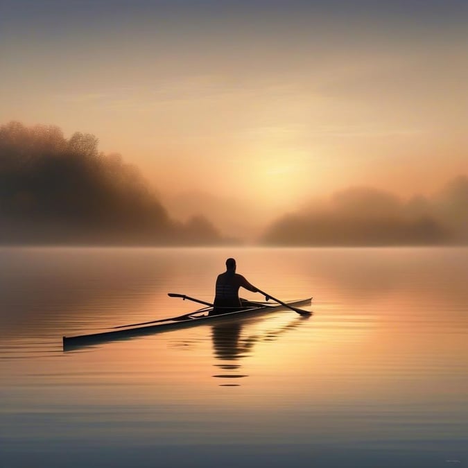 A rower glides through the water, surrounded by the tranquil beauty of a lake at sunrise or sunset. The image captures the peacefulness of the moment, with the rower's silhouette set against the vibrant colors of the sky.