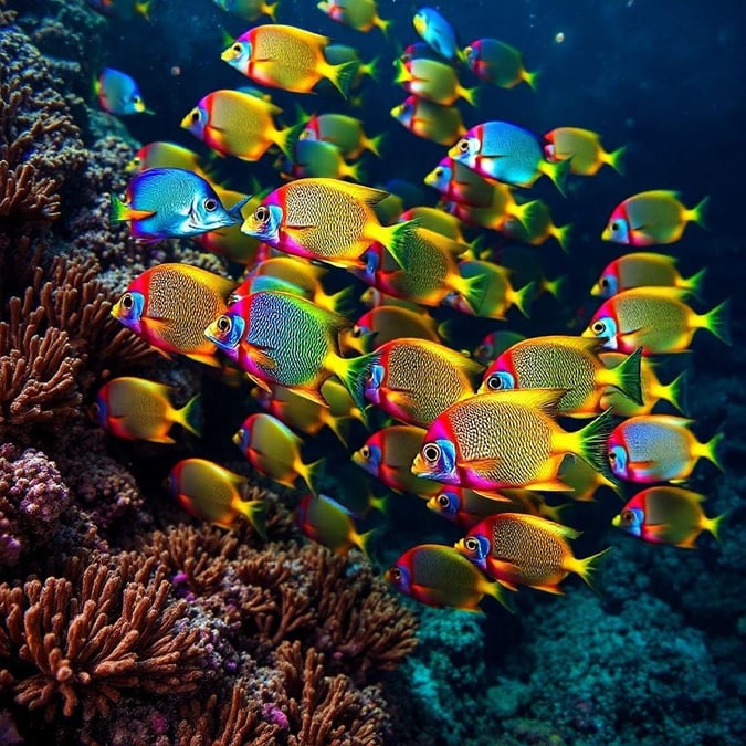 This stunning wallpaper features a school of fish swimming in the ocean, showcasing their vibrant colors and lively movements. The image is perfect for anyone who loves the ocean and its inhabitants.