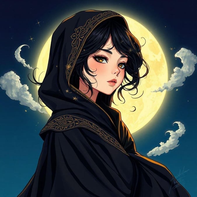 A captivating anime-style illustration featuring a woman in black and gold, set against a backdrop of a full moon and a deep blue sky.