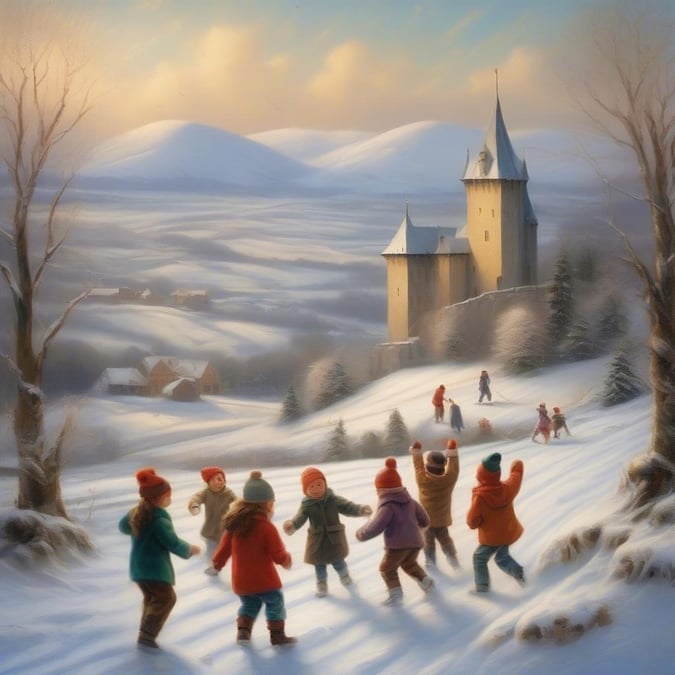 A joyful scene where children are playing with a snowman on a winter evening, creating a warm and festive atmosphere.