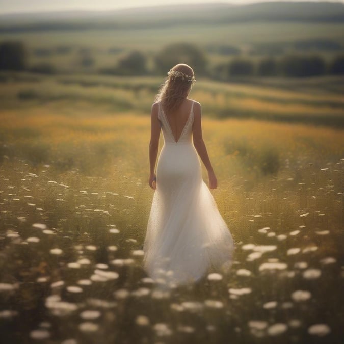 This stunning wallpaper features a bride standing in a picturesque field of wildflowers, exuding elegance and romance.