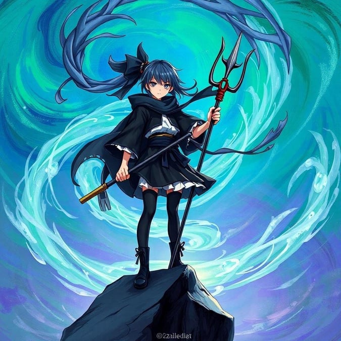 This dynamic image features an anime girl standing resolute on a rocky outcropping. She is adorned in traditional warrior attire, with a black and white color scheme that adds to her mysterious allure. In her hand, she holds a trident-like object, symbolizing her strength and readiness for battle. The background swirls with a vibrant mix of blues, greens, and purples, creating an enchanting and powerful atmosphere.