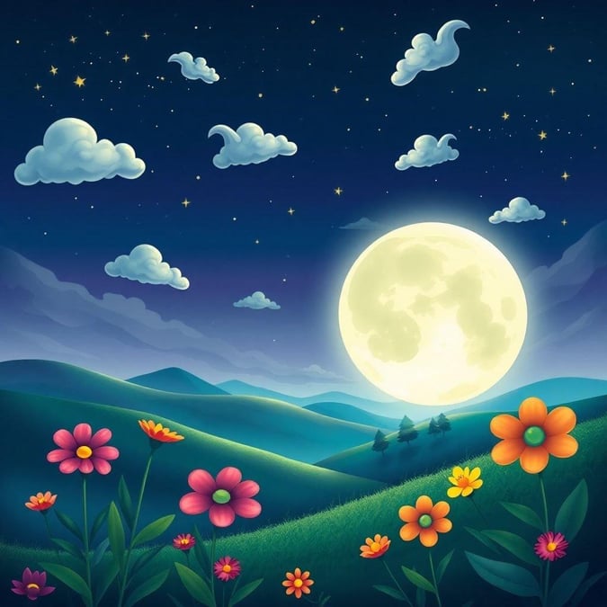 A tranquil garden scene with a full moon illuminating the night. The sky is dotted with stars, and there are colorful flowers blooming.