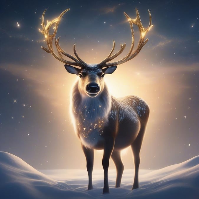 An enchanting holiday scene featuring a noble reindeer standing in the snowy twilight, embodying the spirit of Christmas cheer.