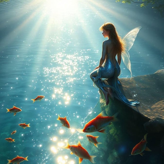 A mystical scene featuring a fairy princess by the edge of a serene, glowing ocean, surrounded by playful fish.