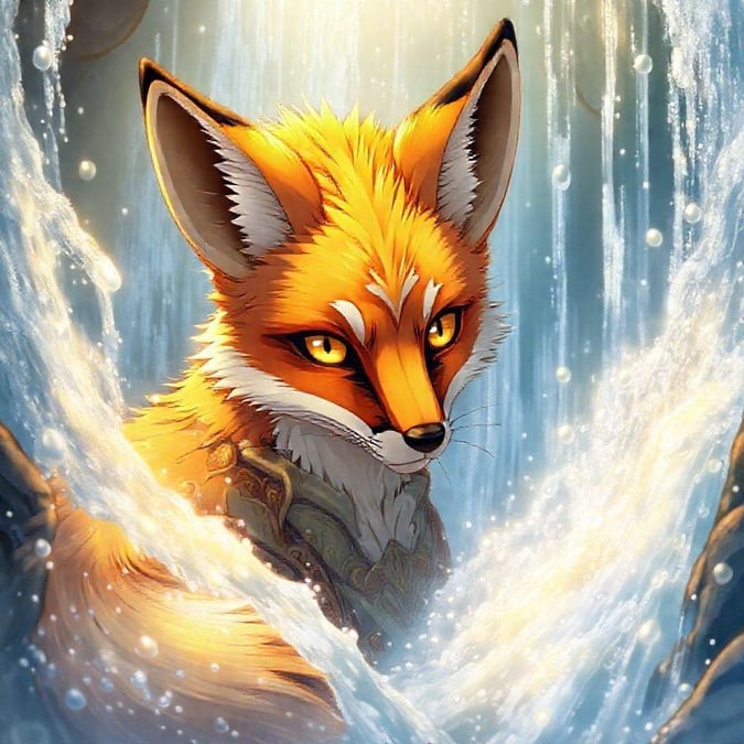 Immerse yourself in the serene beauty of this anime fox wallpaper, where a majestic fox peeks out from behind a waterfall, its vibrant orange and yellow fur glistening in the light. The fox's bright yellow eyes seem to sparkle with a sense of wonder, while the flowing water creates an ethereal atmosphere that transports you to a world of tranquility. The intricate details of the fox's costume add a touch of elegance to this already captivating scene, making it a perfect addition to your desktop or mobile wallpaper collection.