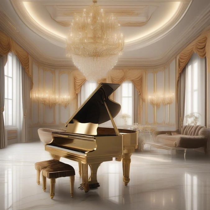 A grand piano set in an opulent room, with chandeliers and lavish furnishings.