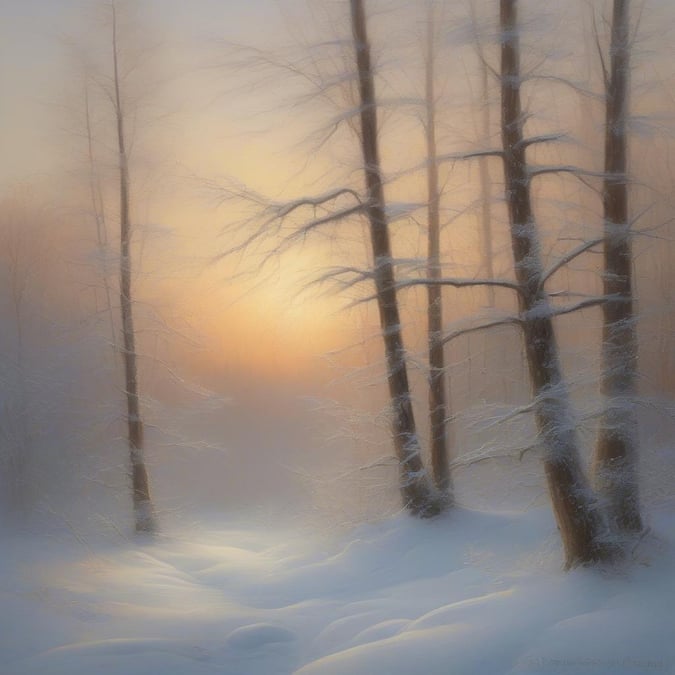 A tranquil winter scene with trees standing tall against the backdrop of a stunning sunset. The path through the serene snowy forest offers a peaceful walk.