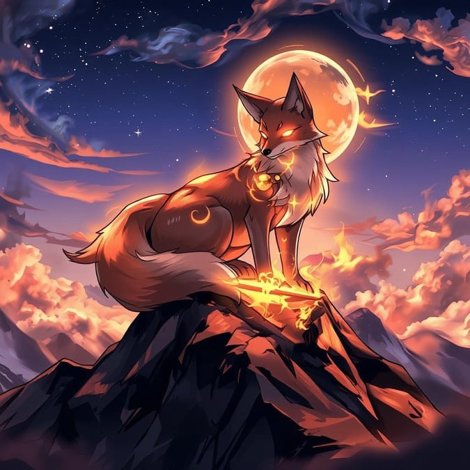 An enchanting digital illustration of a fox spirit in an anime style, perched atop a mountain peak. The fox's radiant glow illuminates the misty night scene, where the sky is awash with wispy clouds and the mountains are cloaked in shadow. This captivating wallpaper brings the mystic charm of an anime fantasy to your desktop and mobile devices.