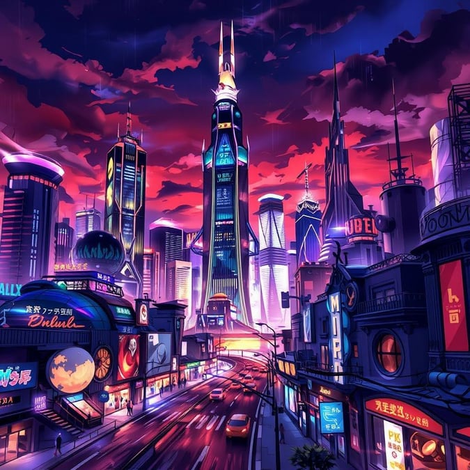 Explore the vibrant city of the future where technology and nature coexist in harmony. The sun dips below the horizon, casting a warm glow on towering skyscrapers adorned with rainbow lights, while neon signs flicker against the dark skyline. Cars zoom down futuristic roads, adding to the bustling atmosphere of this metropolis.