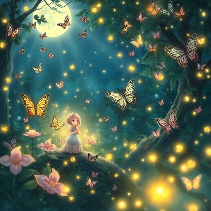 A serene and enchanting anime-style garden scene featuring a small girl surrounded by fireflies and butterflies, set against a moonlit backdrop.