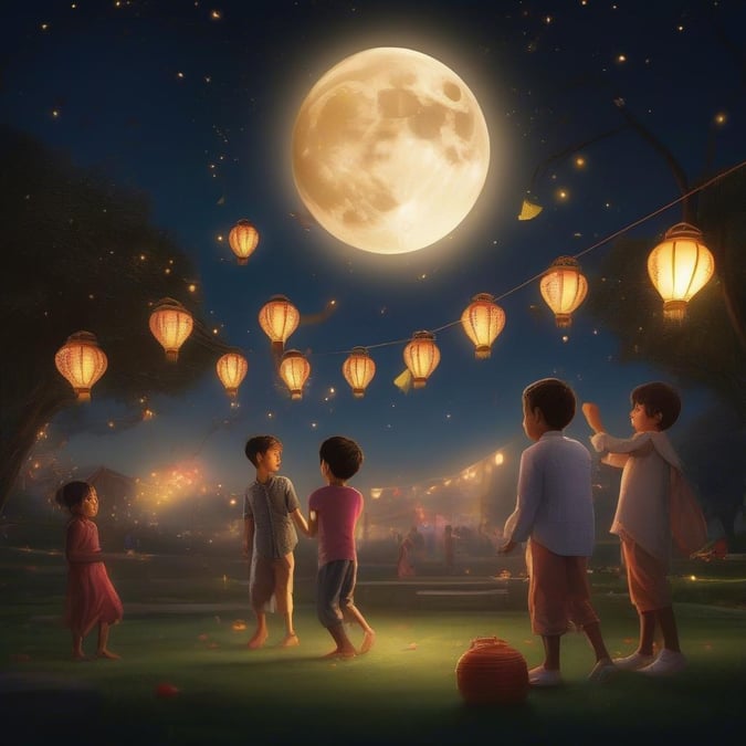 A serene evening gathering with friends, enjoying the moonlit sky filled with lanterns on a Ramadan or Eid celebration.