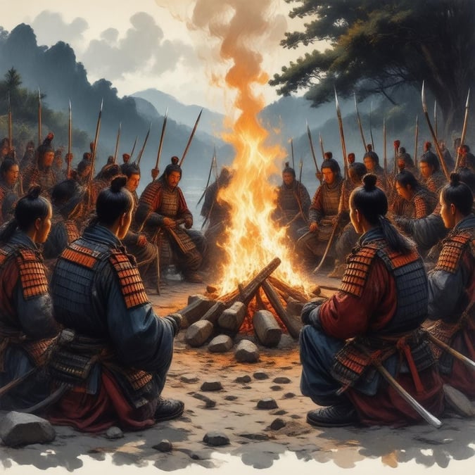 Immerse yourself in the captivating world of anime with this stunning illustration of a group of samurai warriors gathered around a campfire. The detailed artwork brings to life the camaraderie and shared moments of these legendary warriors, set against the warm glow of the fire.