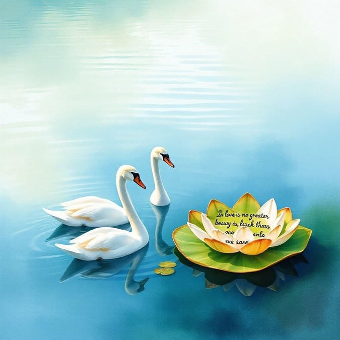 In this serene scene, two graceful swans are enjoying their time on the water, accompanied by a beautiful lily pad. The tranquil atmosphere evokes a sense of calm and reflection, perfect for a quiet moment or a deep dive into thought. Swans are often associated with elegance and purity, while the quote on the lily pad adds an element of inspiration. This image would make a lovely background for your digital devices to remind you of these gentle creatures and their peacefulness.