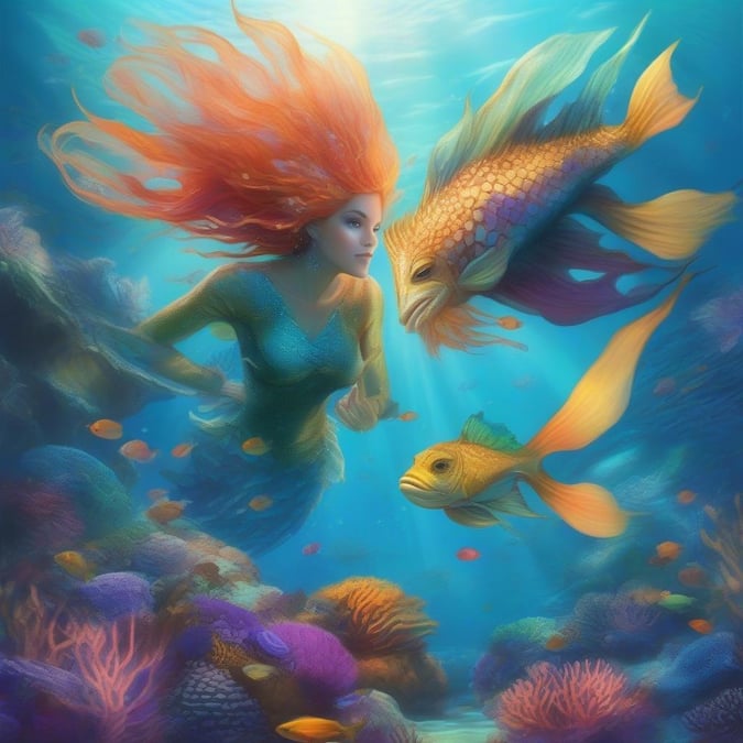 A magical mermaid swims with her aquatic companion, exploring the depths of a vibrant and lively ocean. This fantastical scene captures the essence of wonder and enchantment.