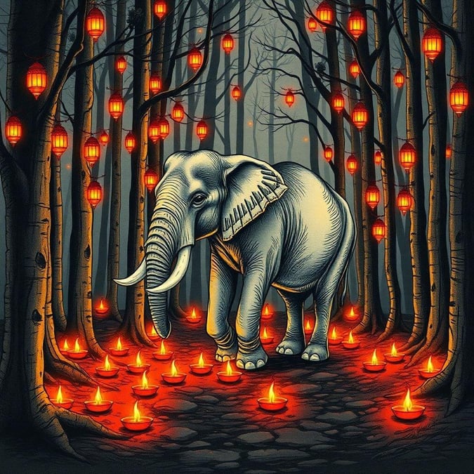 This beautiful wallpaper captures the essence of Diwali, the festival of lights, with an elephant walking through a forest adorned with lanterns and candles. The image is perfect for desktop and mobile use, and its vibrant colors and serene atmosphere make it a great addition to any digital space.