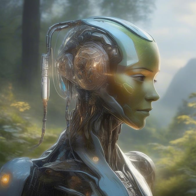 A robot with advanced cybernetic features stands amidst a misty forest, evoking a sense of mystery and the future of artificial intelligence.