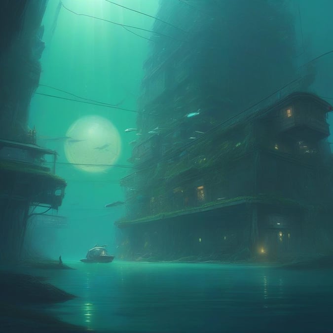 A desolate harbor at night, surrounded by a ruined industrial landscape. A solitary boat floats amidst the mist, while above, the moon casts an eerie glow over the scene.