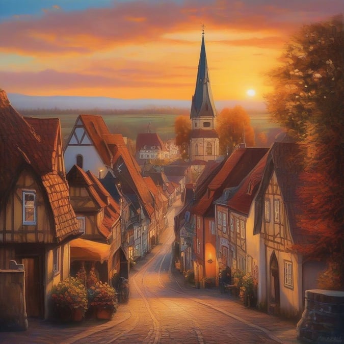 Charming cobblestone street in quaint village during the warm glow of Oktoberfest celebration.