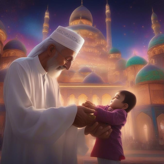 A warm scene from Ramadan featuring an older man blessing a child.