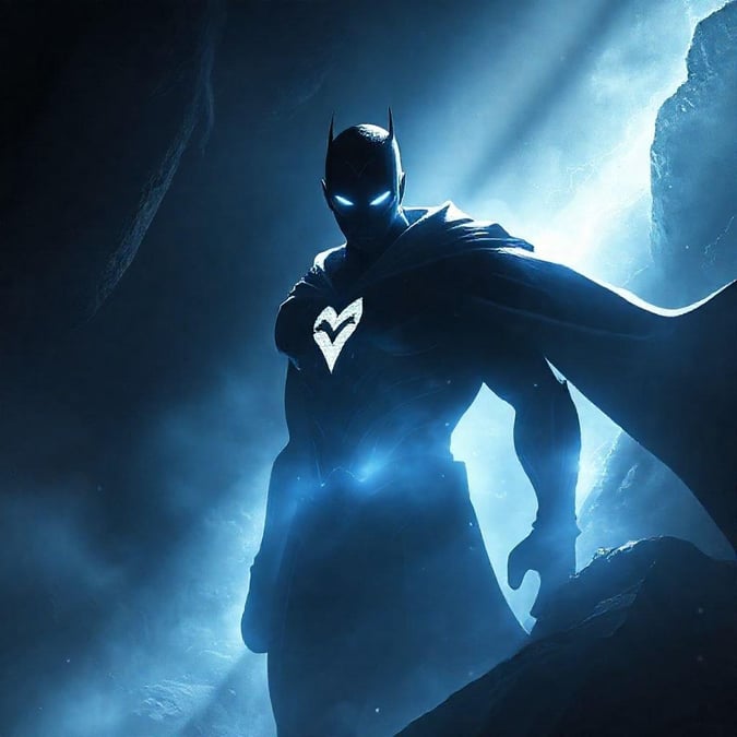 Dans l'ombre, Batman est prêt à relever son prochain défi. Le Chevalier Noir est illuminé par son emblème de chauve-souris emblématique, projetant une lueur dramatique qui contraste avec l'obscurité environnante de la grotte gothique. Son costume est détaillé, reflétant la nature sérieuse et mélancolique de ce super-héros emblématique.