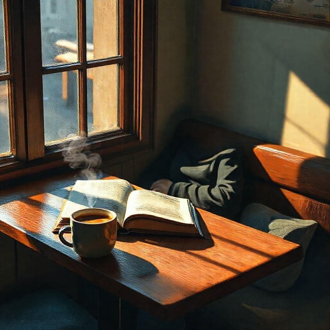 A serene and inviting reading nook with a steaming cup of coffee, a book, and a comfortable chair by the window, perfect for a relaxing morning routine.