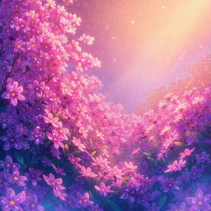 Step into a world of wonder with this enchanting anime-style garden wallpaper, where ethereal flowers bloom in a warm glow, creating a serene and captivating scene.