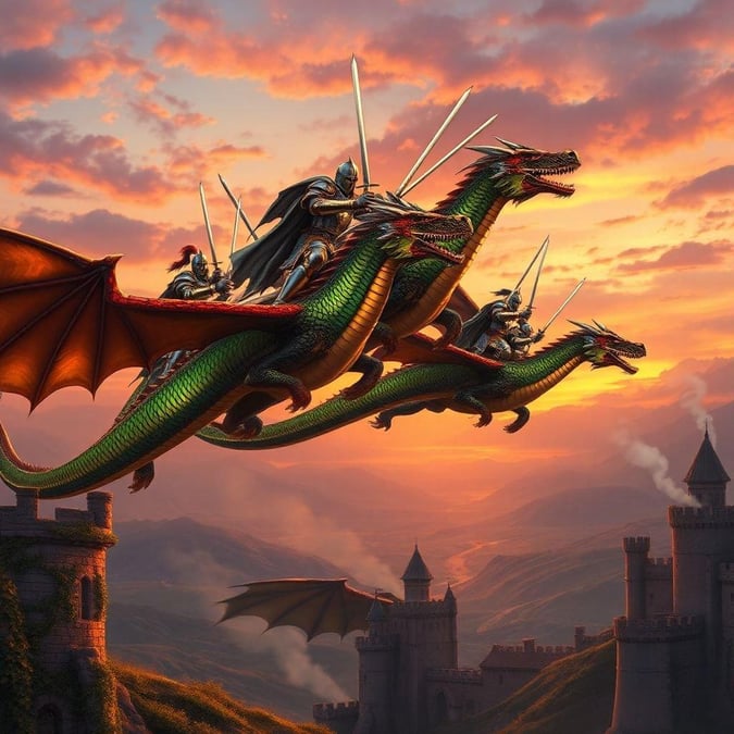 A whimsical adventure featuring knights riding dragons at dusk. A classic tale for all ages.