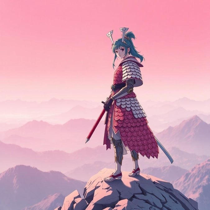 Este papel de parede de anime apresenta um samurai em pé em uma montanha, exalando uma sensação de serenidade e paz. As delicadas escamas rosa e brancas da armadura do samurai contrastam lindamente com o suave fundo rosa, criando uma imagem visualmente impressionante.