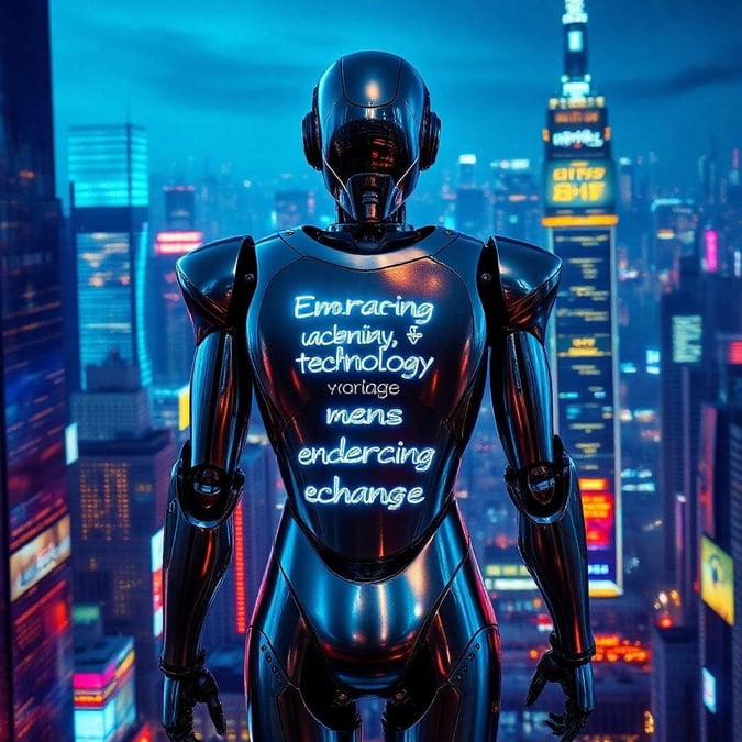 A futuristic robot embodies the spirit of technology advancement, inspiring us to embrace change with optimism.